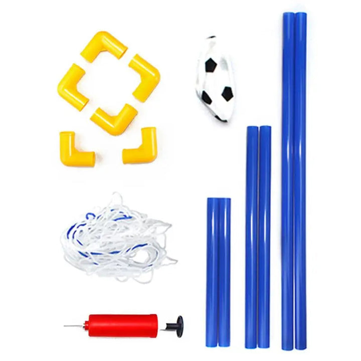 Blue goal tubes, yellow connectors, a white net, a soccer ball, and a red hand pump laid out together.