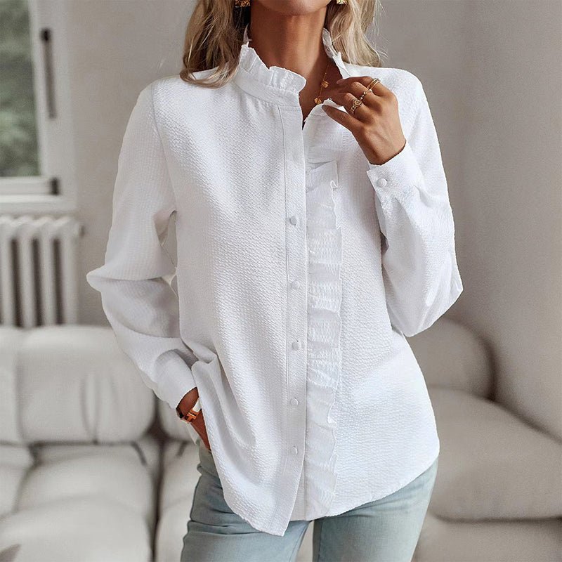 Sofia Bellara Frill Edge Shirt with Ruffle Trim (Gray S) - Women long sleeve shirt | Zavonix