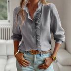Sofia Bellara Frill Edge Shirt with Ruffle Trim (Gray S) - Women long sleeve shirt | Zavonix