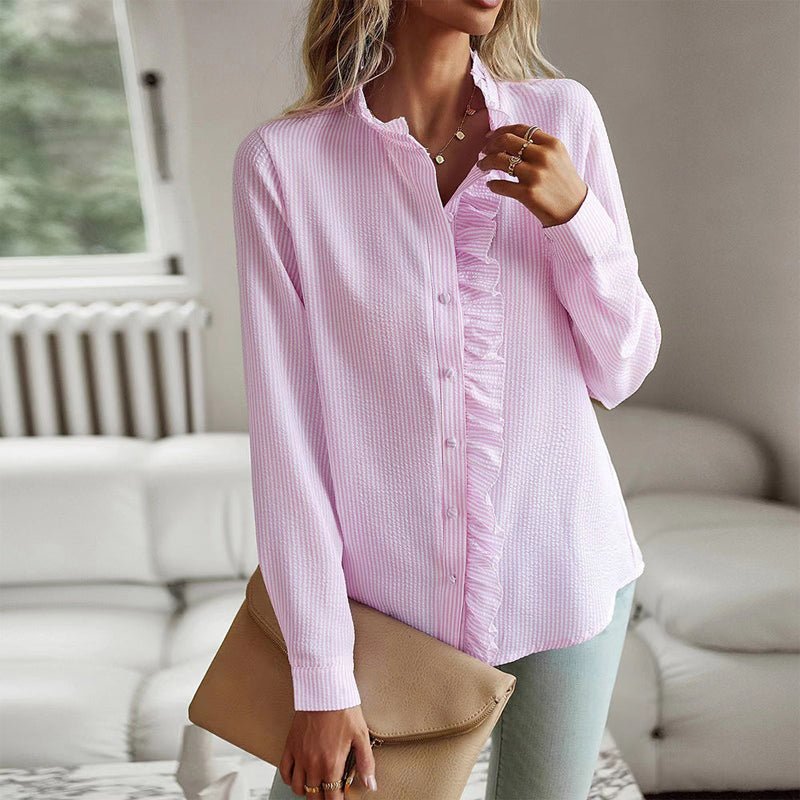 Sofia Bellara Frill Edge Shirt with Ruffle Trim (Gray S) - Women long sleeve shirt | Zavonix