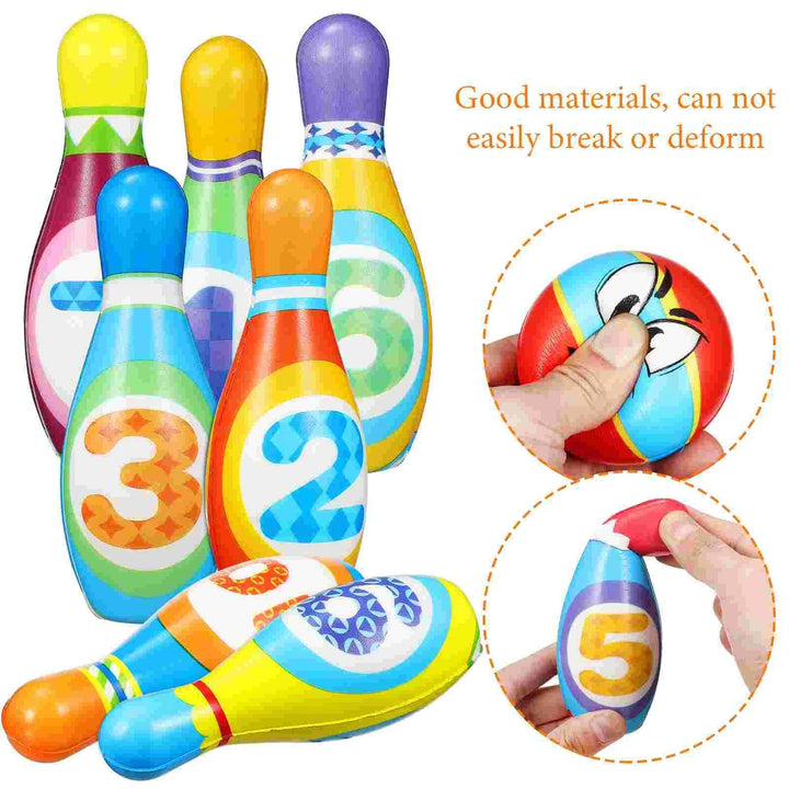 Colorful bowling pins and a ball, with close-ups showing the soft pieces being squeezed