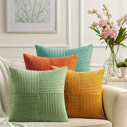 Soft Corduroy Throw Pillow Covers Set of 4 – 18x18 Decorative Pillows with Modern Boho Grid Design 0