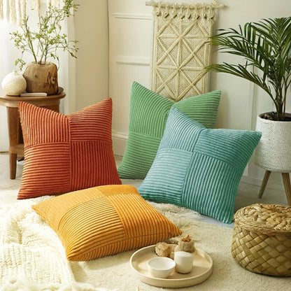 Soft Corduroy Throw Pillow Covers Set of 4 – 18x18 Decorative Pillows with Modern Boho Grid Design 1