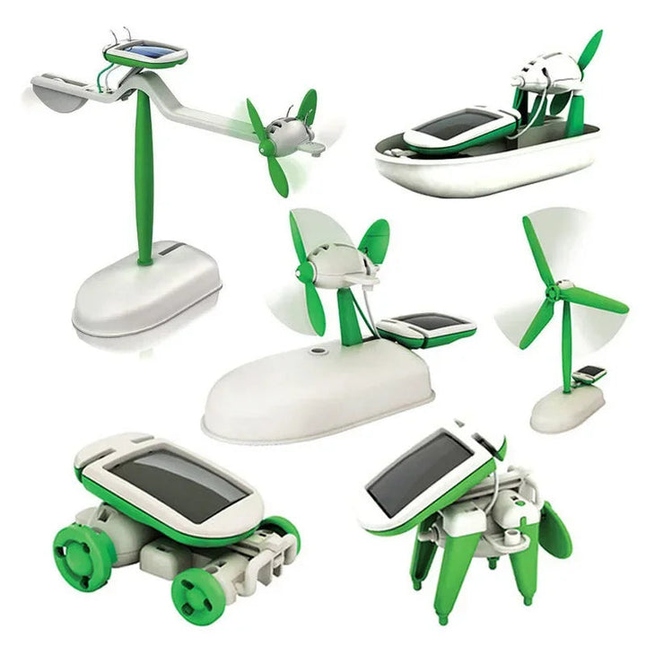 Six green and white solar-powered designs, including a car, boat, puppy, windmill, and planes