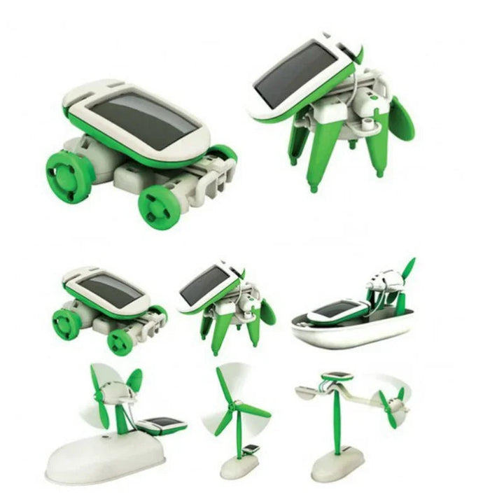 Solar-powered car and puppy models above a lineup of all six green and white designs