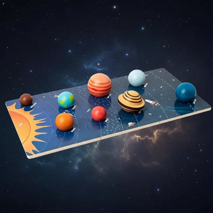 Wooden solar system board with eight colorful planet pieces against a starry background