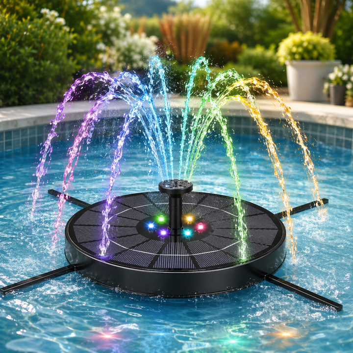Black floating solar fountain with multicolored LEDs and arcing water streams