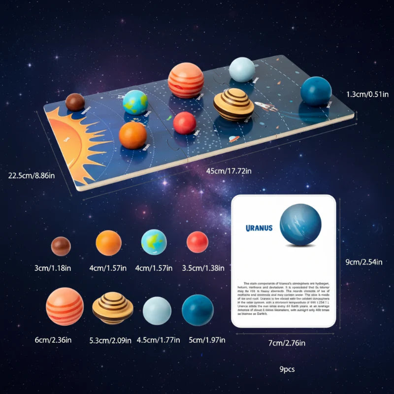Solar system set measurements showing the board, individual planets, and a reference card