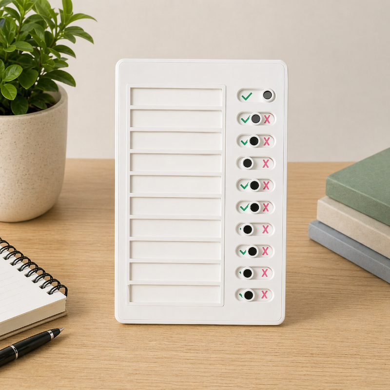 Solid white chore board with ten blank task spaces and sliding checkmark and cross indicators.