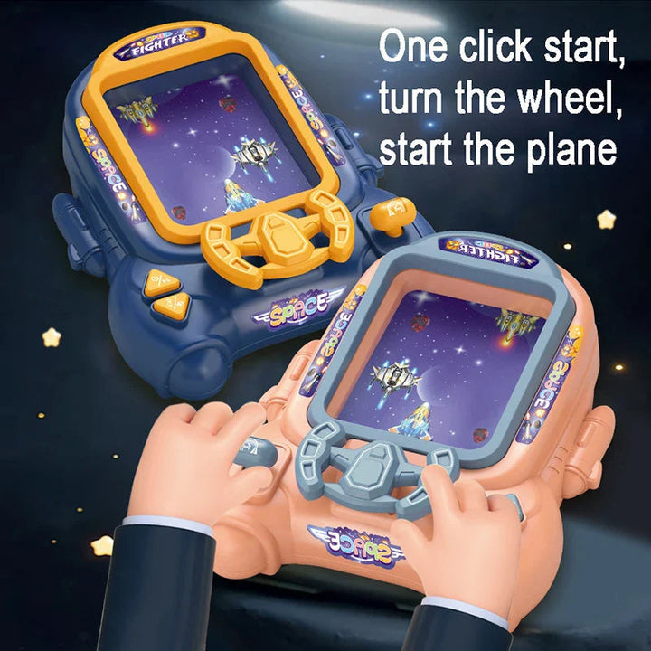 Blue and pink space arcade games demonstrating the start button and steering wheel