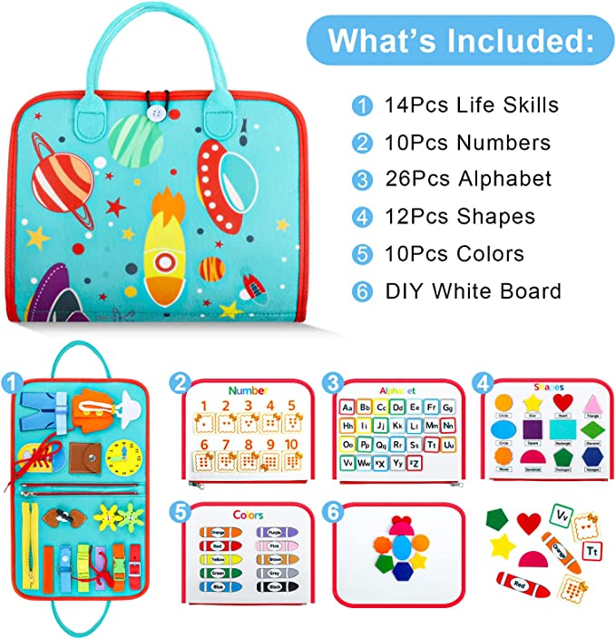 Space-patterned busy book cover and contents chart showing its learning activities