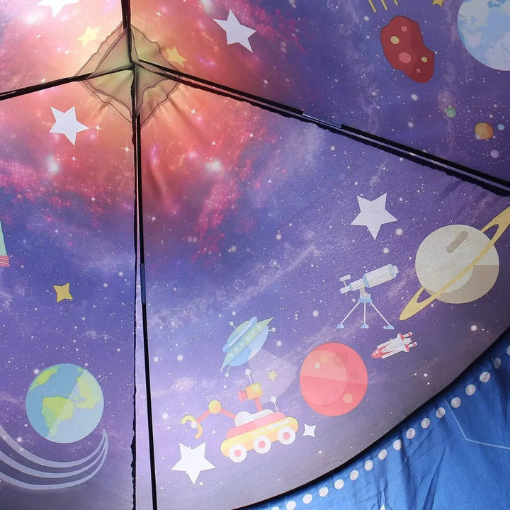 Interior roof of the play tent with colorful stars, planets, and crossed support rods.