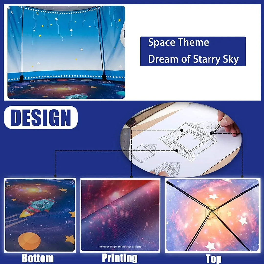 Space-themed tent design showing the interior, illustrated floor and roof, and assembly diagram.