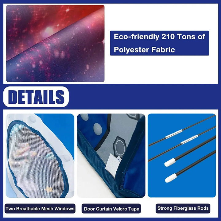 Polyester tent details showing mesh windows, door fasteners, and fiberglass support rods.