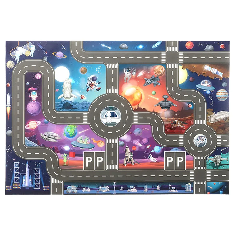 Space-themed road play mat with planets, astronauts, and looping roads