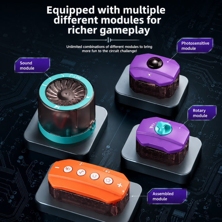 Close-up of teal speaker, purple sensor modules, and an orange sound-control module