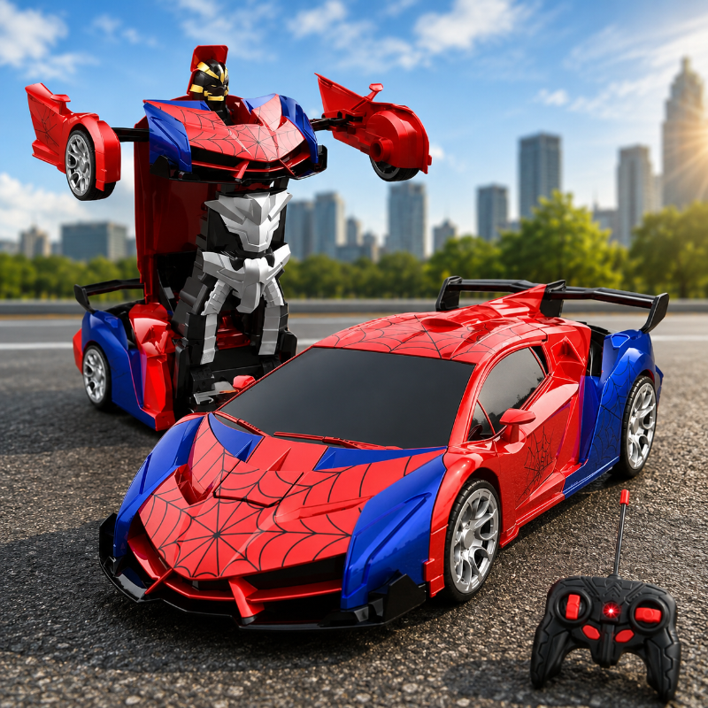 Spiderweb RC car and robot form shown outdoors with a red-button remote controller