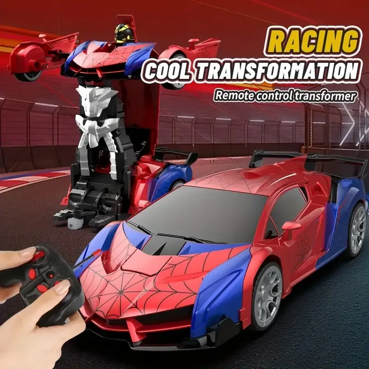 Spiderweb-patterned RC car beside its upright robot form and remote controller