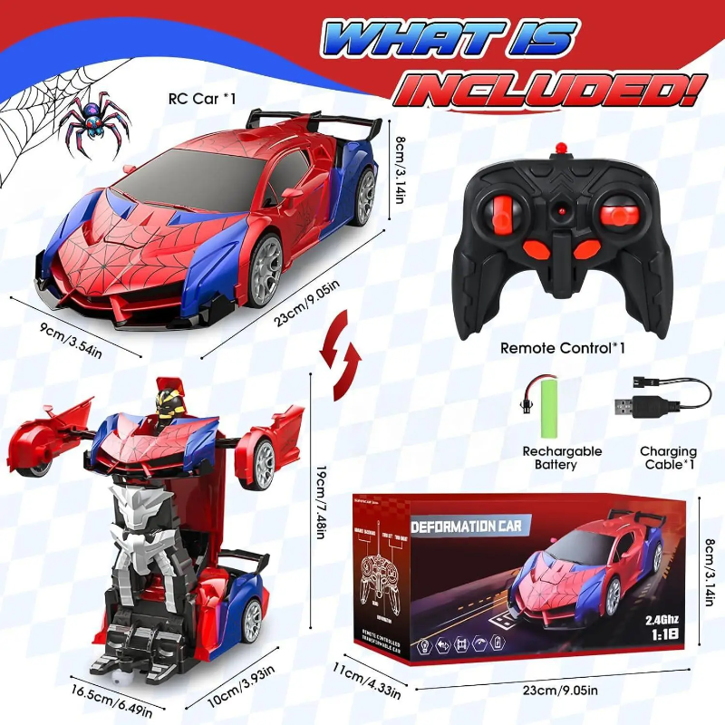 Size and box-contents chart for the spiderweb RC car, robot mode, controller, battery, and charging cable