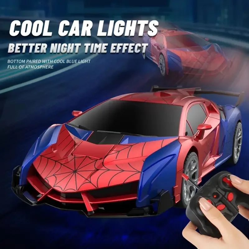 Red-and-blue spiderweb RC car with blue underside lights and a handheld controller