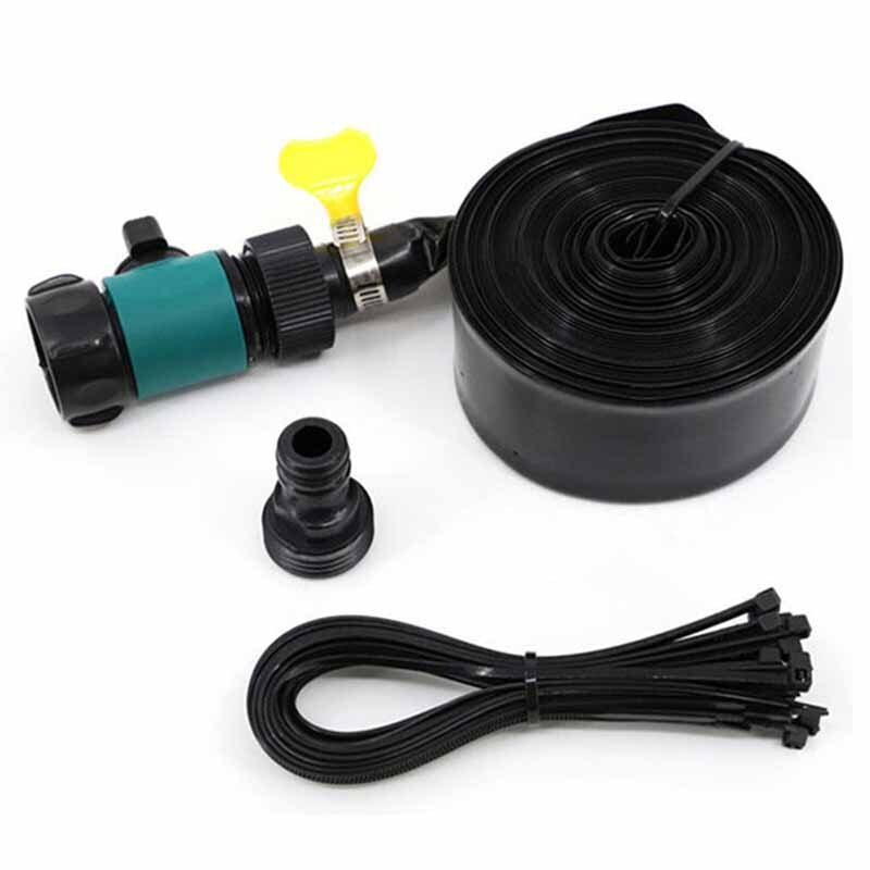 Coiled black trampoline sprinkler hose with garden hose connector, adapter, and cable ties.
