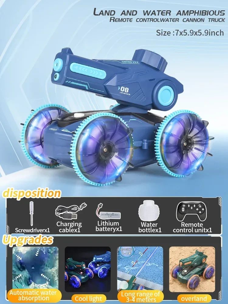 Blue amphibious RC car shown with dimensions, included accessory icons, and driving feature panels.