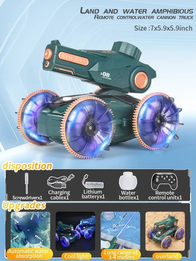 Green RC car with orange trim, dimension labels, and included accessory illustrations.