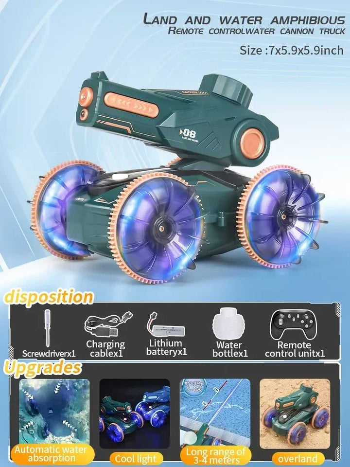 Green RC car with orange trim, dimension labels, and included accessory illustrations.