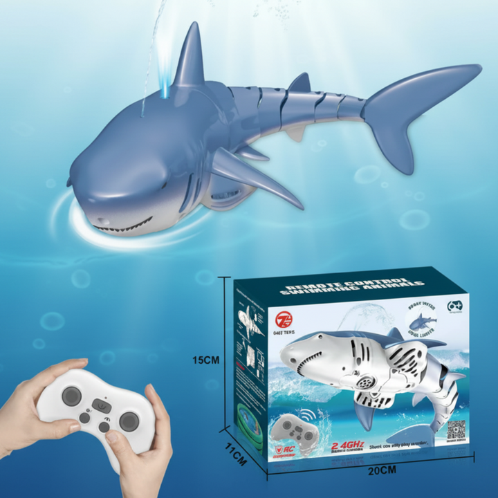 Blue spouting RC shark displayed with its white controller and box