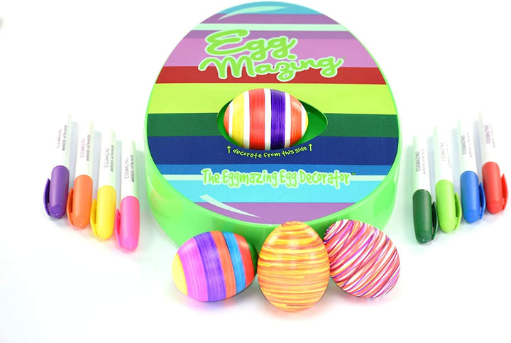Rotating Easter egg decorator shown with colored pens and striped egg designs