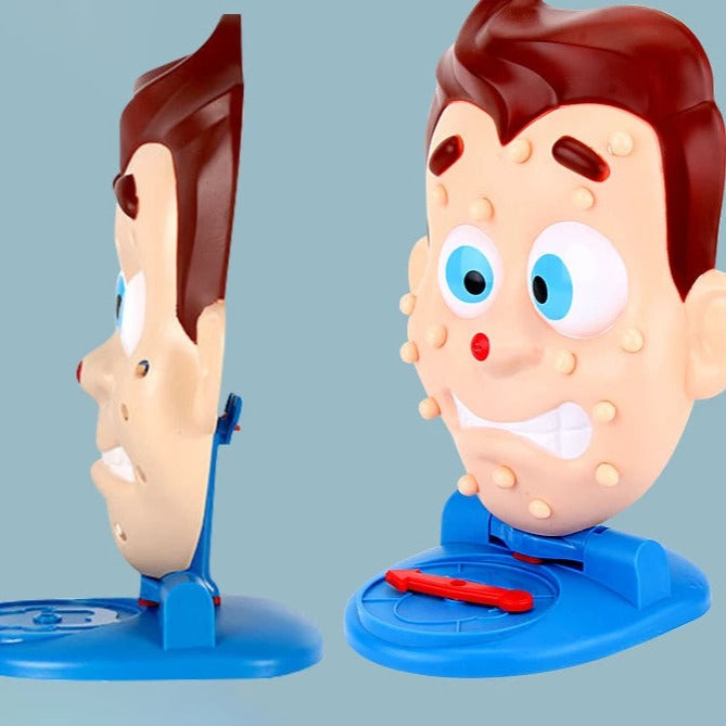 Front and side views of the pimple-face game on its blue base