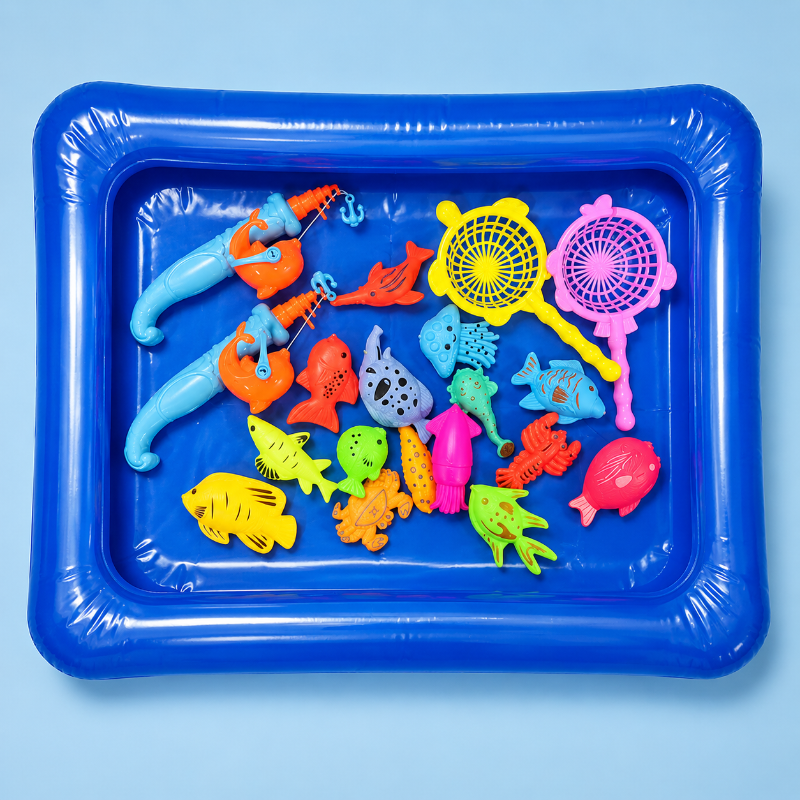 Blue square inflatable pool holding colorful sea creatures, two fishing rods and two nets.