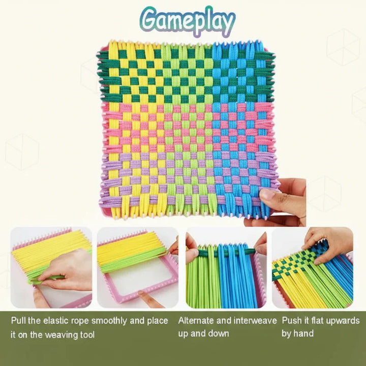 Multicolor square on a loom with step-by-step views of stretching and weaving loops