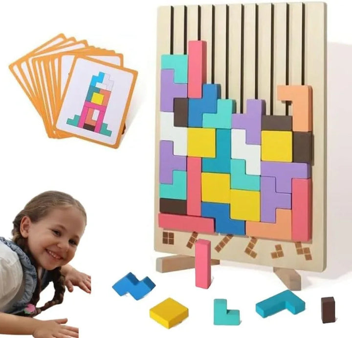 Upright wooden puzzle board with colorful shape blocks, pattern cards, and a child beside it