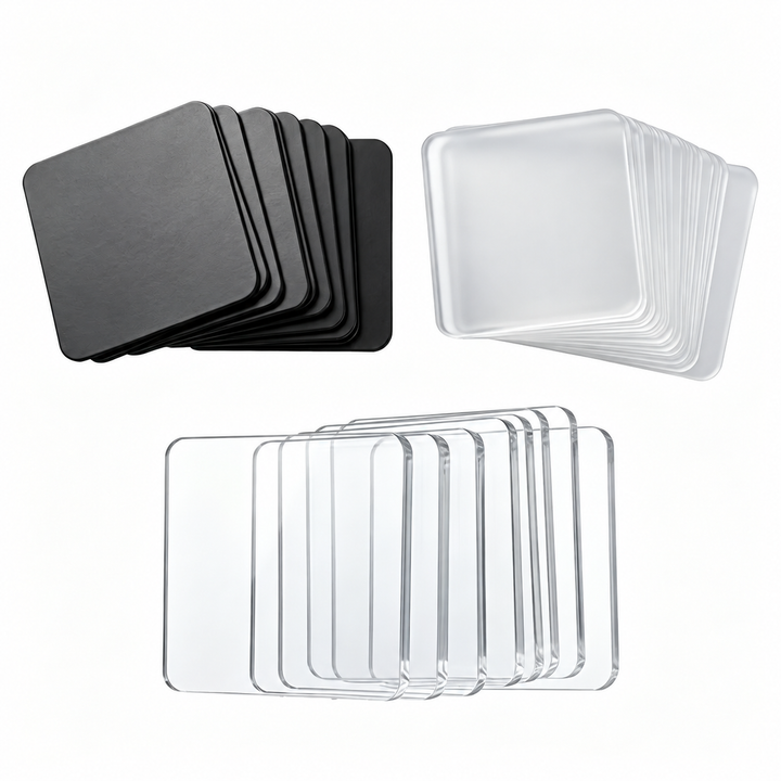 Square acrylic magnet kit components arranged in stacks with black magnetic pieces.