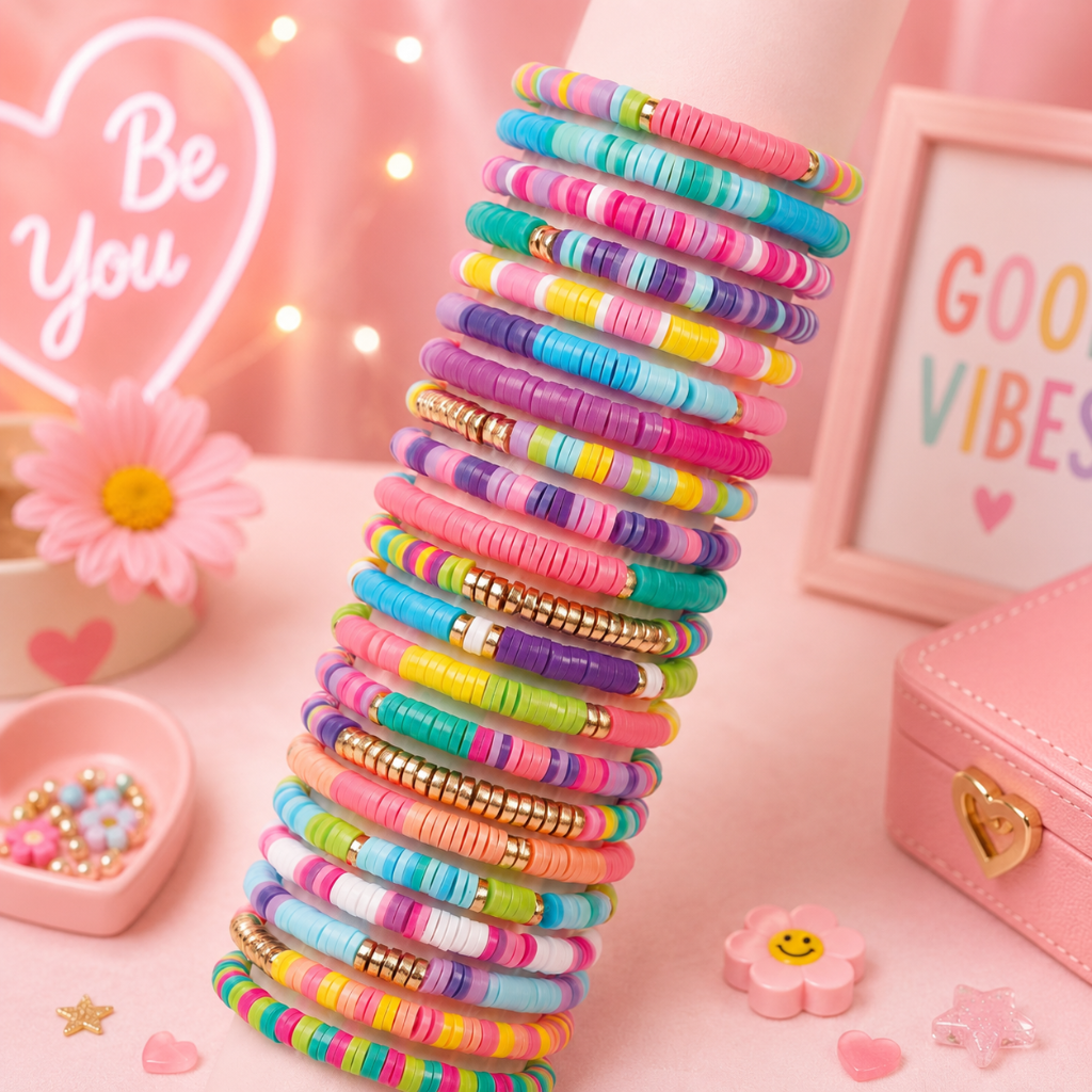 Tall stack of colorful bead bracelets in pink, purple, blue, green, and yellow