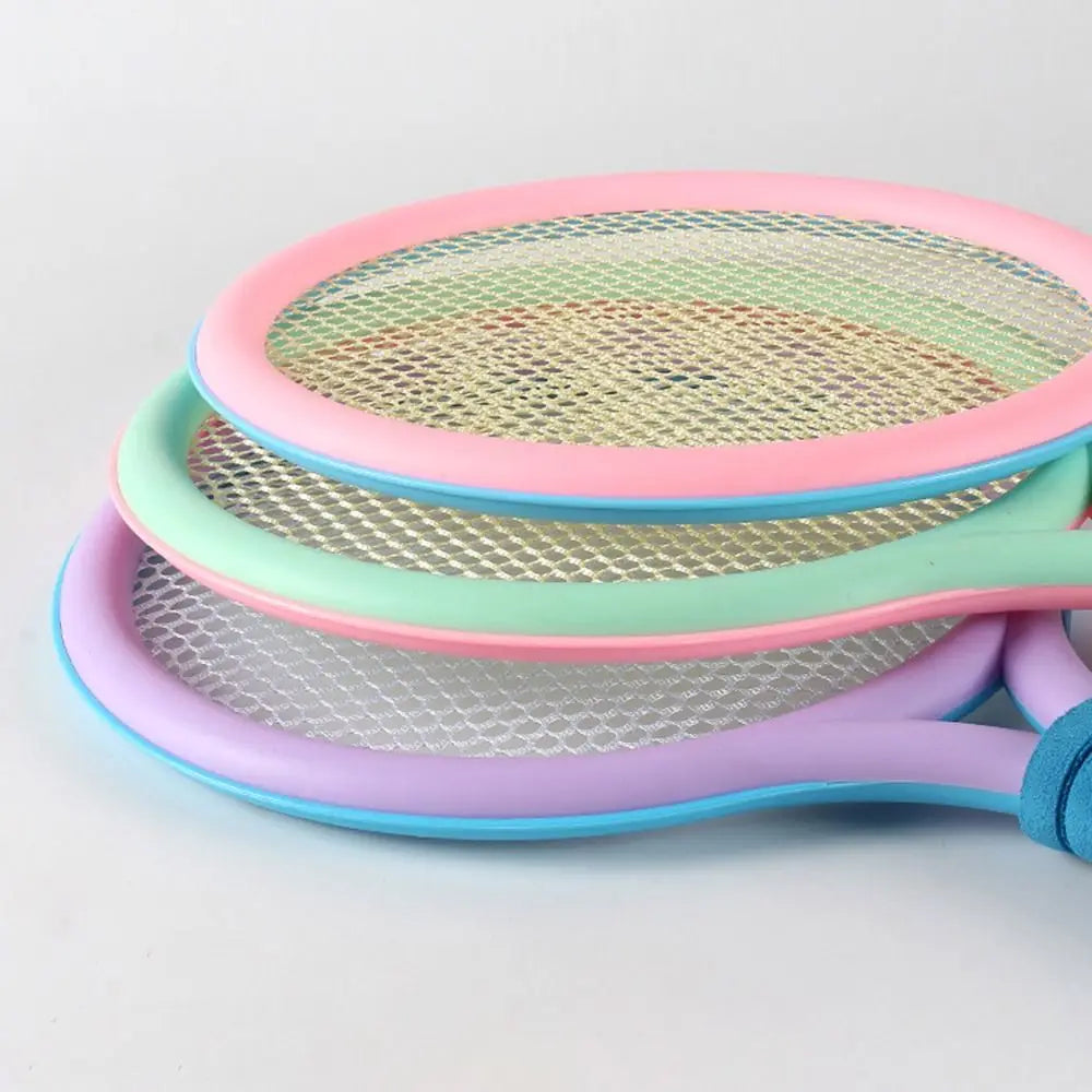 Stacked pastel racket frames showing their round mesh heads