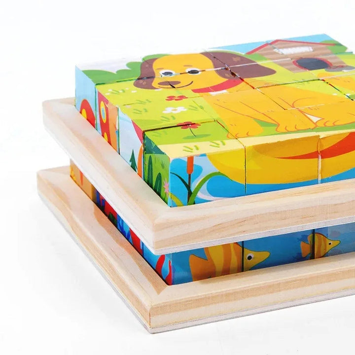 Stacked wooden puzzle trays with colorful picture blocks and a dog scene on top.
