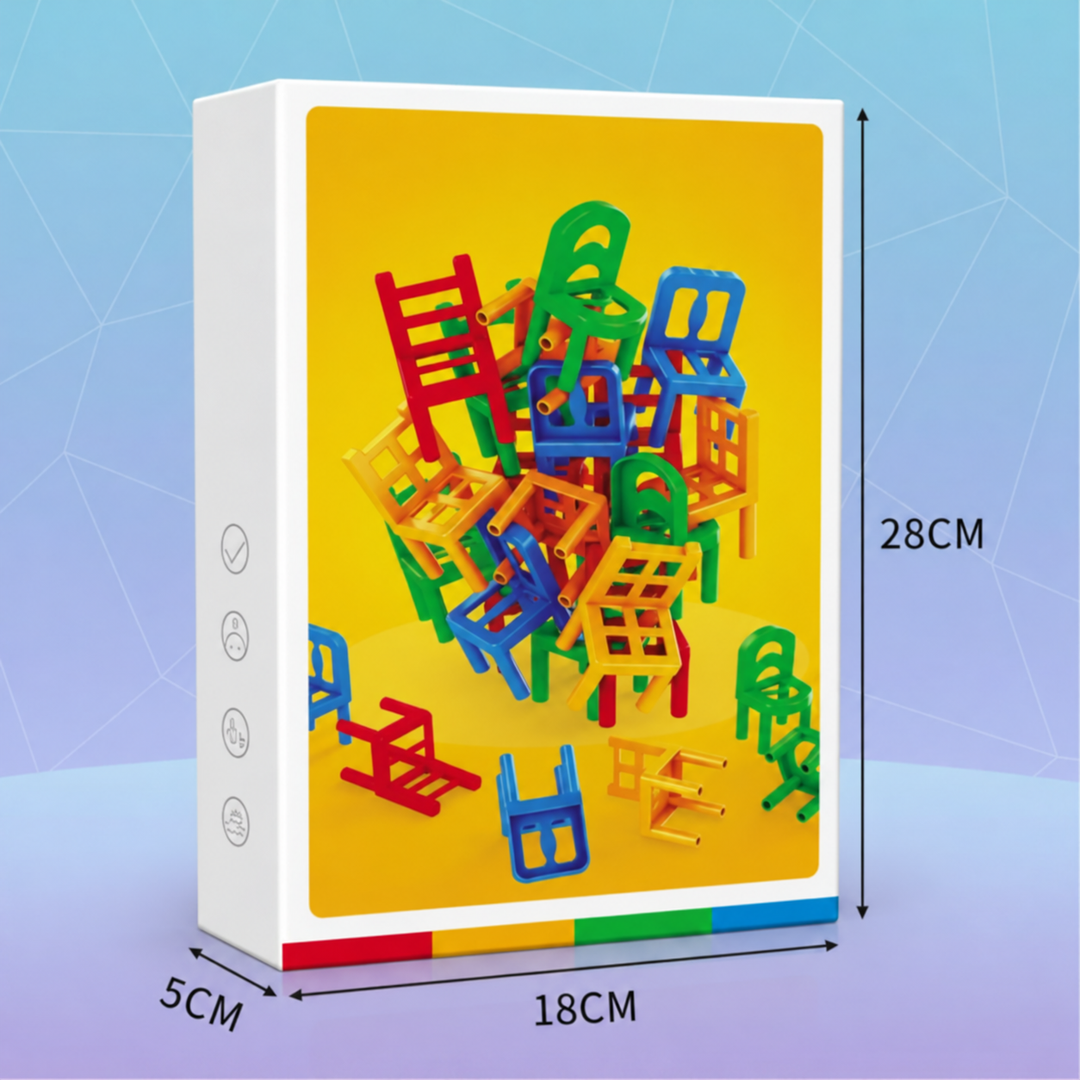 Stacking chairs box measurement graphic showing 28 cm height, 18 cm width, and 5 cm depth