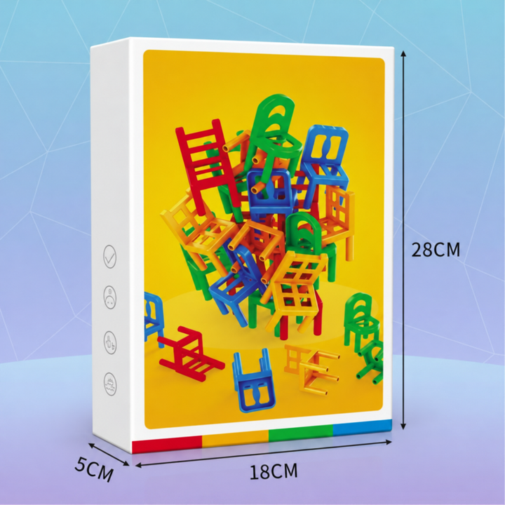 Stacking chairs box measurement graphic showing 28 cm height, 18 cm width, and 5 cm depth