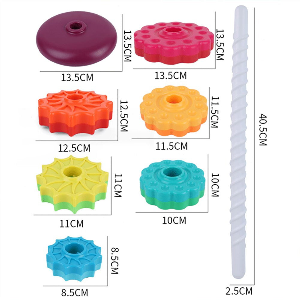 Measurements for the stacking tower base, colorful discs, and spiral post