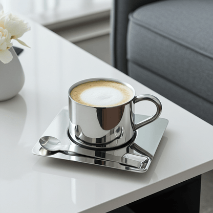 Stainless Steel Coffee Mug Set with Saucer and Spoon – Double-Walled Insulation for Hot and Cold Beverages 4