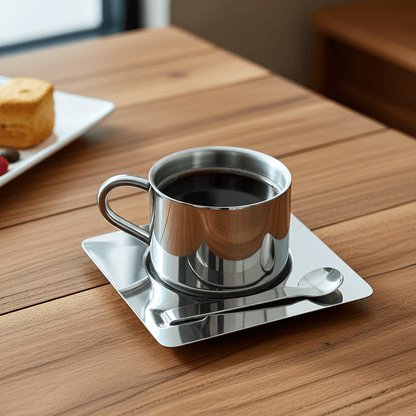 Stainless Steel Coffee Mug Set with Saucer and Spoon – Double-Walled Insulation for Hot and Cold Beverages 3