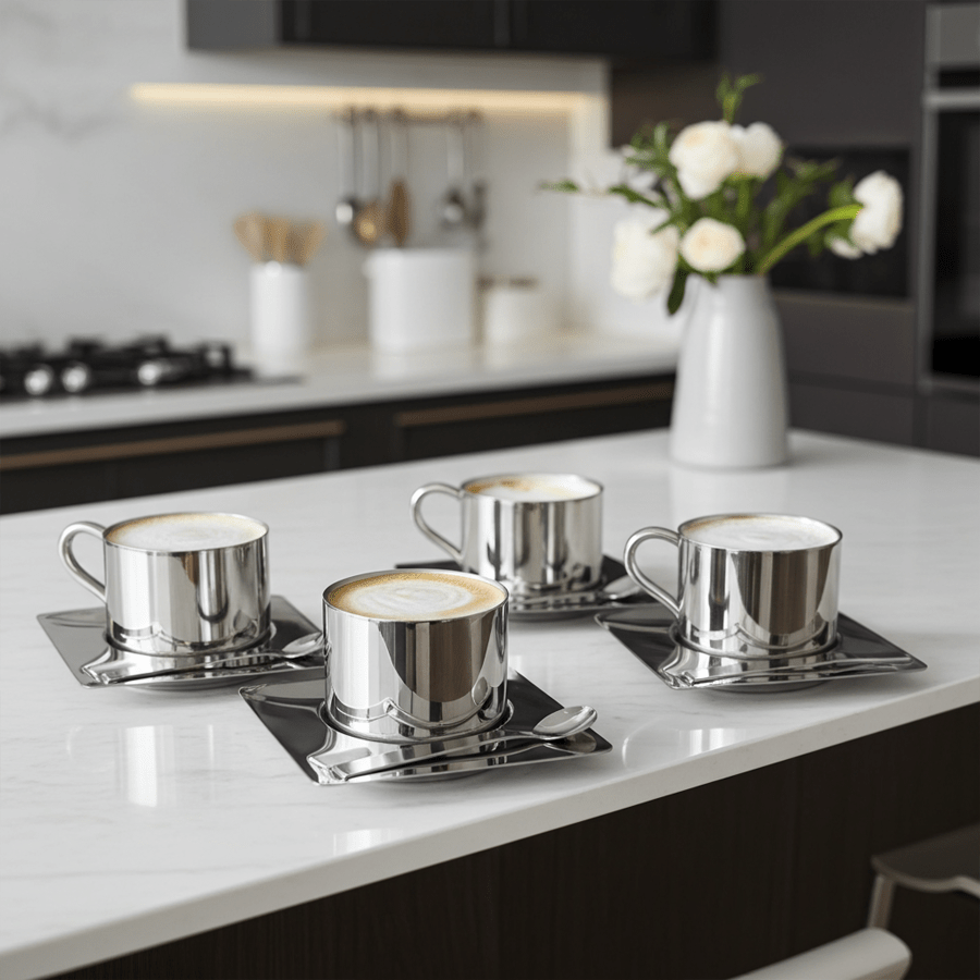 Stainless Steel Coffee Mug Set with Saucer and Spoon – Double-Walled Insulation for Hot and Cold Beverages 2
