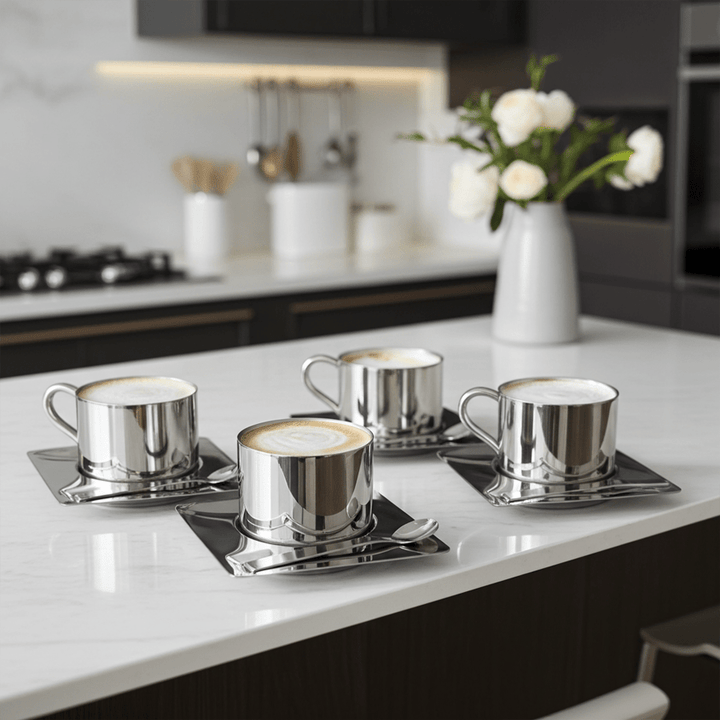 Stainless Steel Coffee Mug Set with Saucer and Spoon – Double-Walled Insulation for Hot and Cold Beverages 2