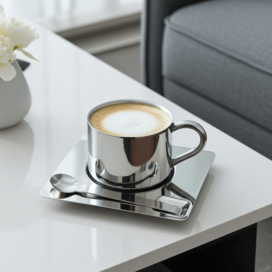 Stainless Steel Coffee Mug Set with Saucer and Spoon – Double-Walled Insulation for Hot and Cold Beverages 0