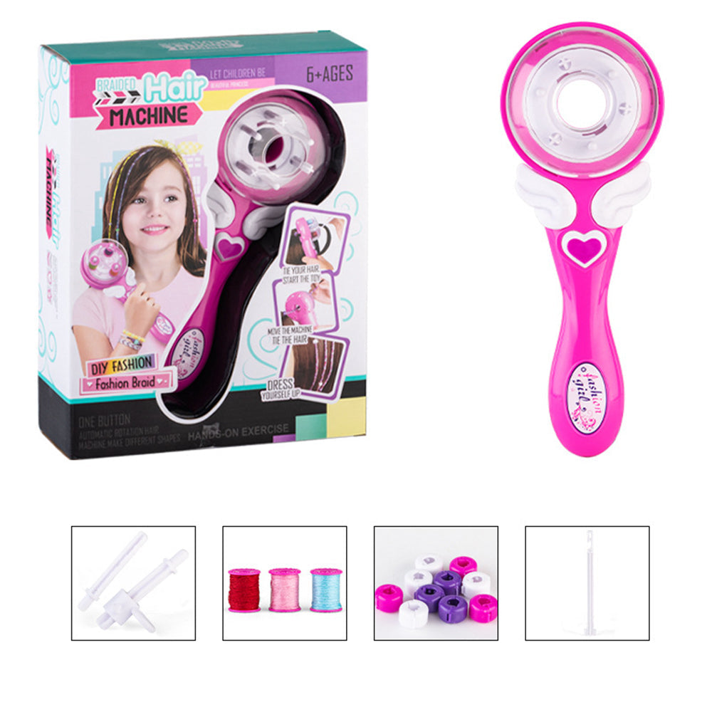 Standard hair braiding set with a pink braider, colored spools and basic accessories