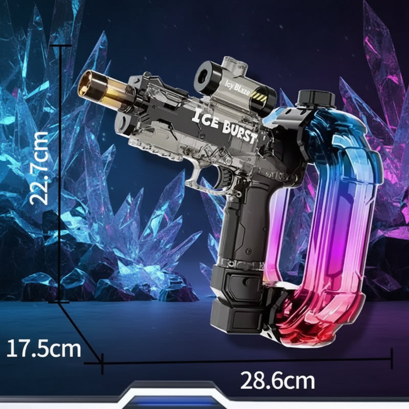 Standard water gun size graphic showing dimensions of 28.6, 17.5, and 22.7 cm.