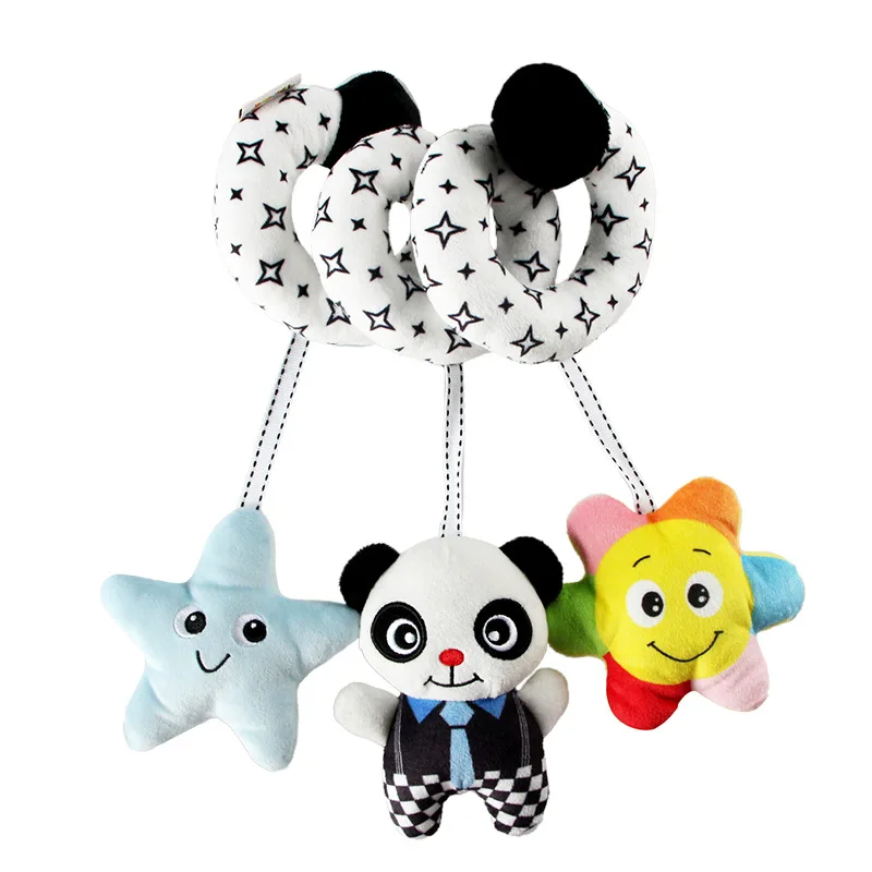 Black-and-white star-pattern spiral toy with a hanging blue star, panda, and colorful flower.