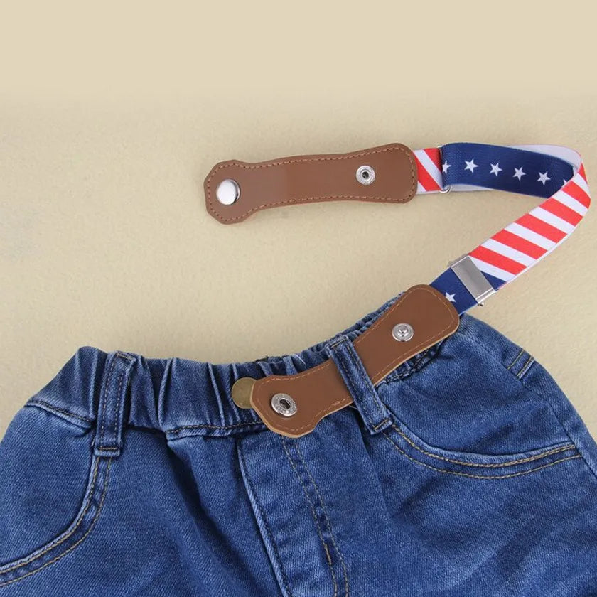 Red, white and blue star-and-stripe belt with one snap-on end attached to a jeans belt loop